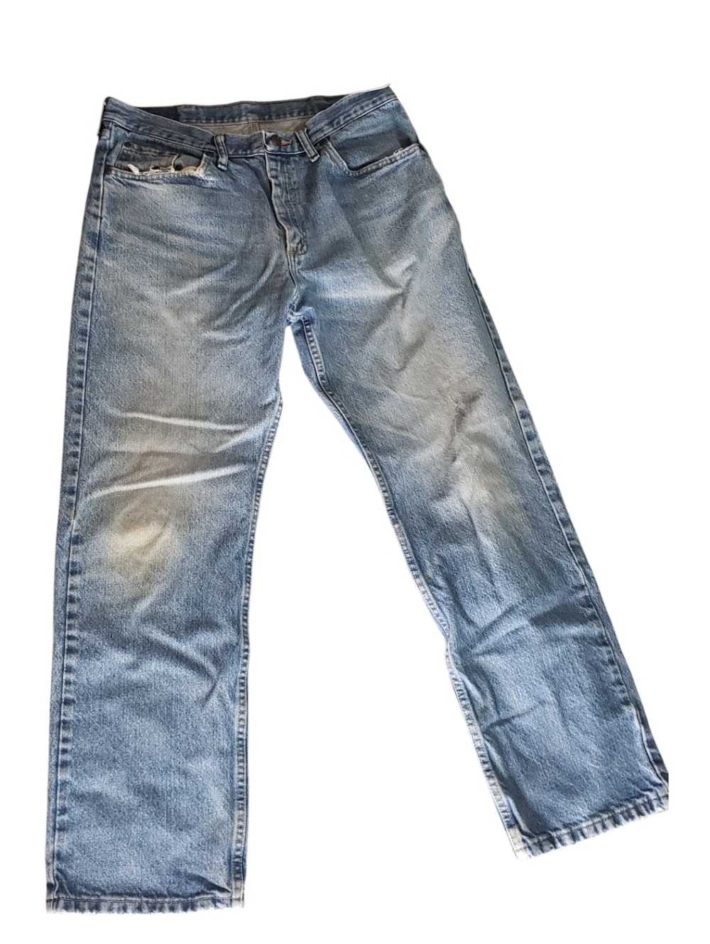 Wrangler Blue Denim Jean Regular Fit Straight Leg Work Distressed 34/30 Workwear